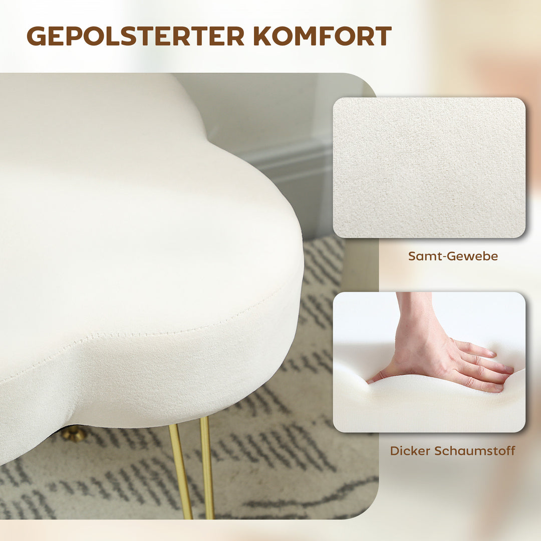 Skammel, polstret skammel i kløverbladsform, stofbetræk, stålben, cremehvid