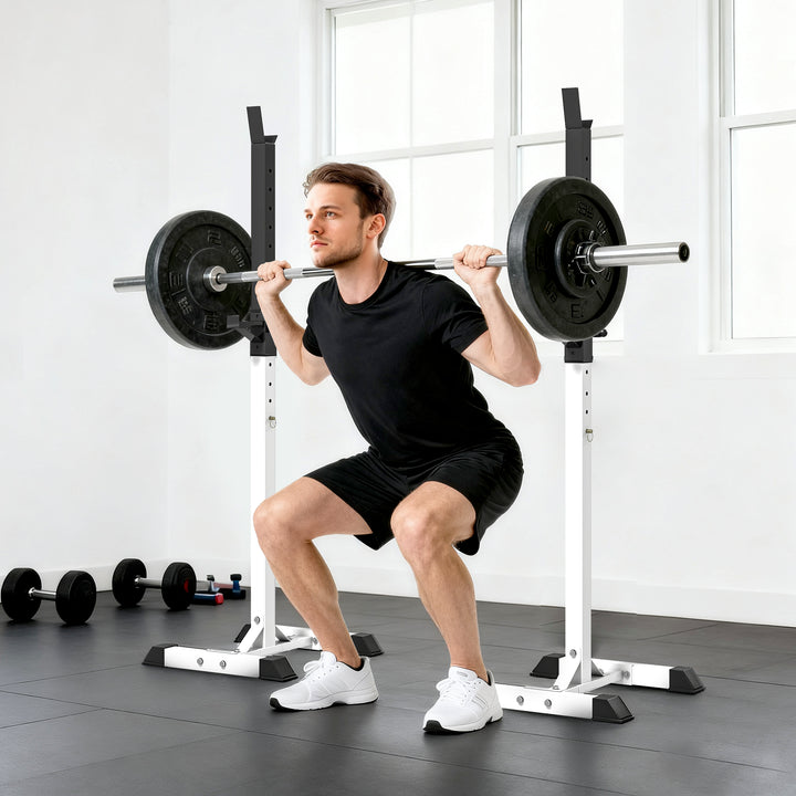 Vægtstangstativ, sæt med 2, lasteevne op til 150 kg, højdejusterbar, stål, hvid+sort, 52 x 48 x 160 cm