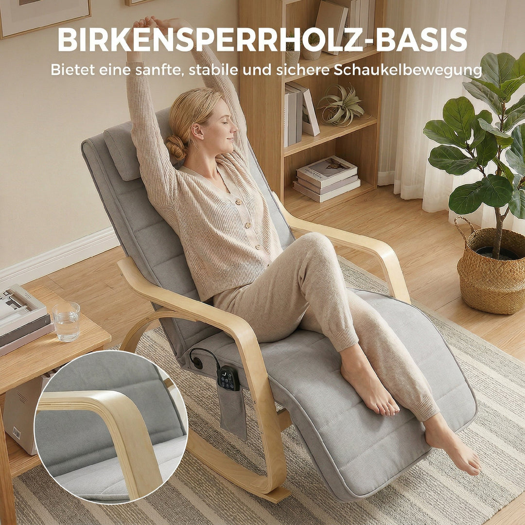 Gyngestol med massagefunktion, varme, nakke- og fodstøtte, fløjlsbetræk, lænestol, lysegrå