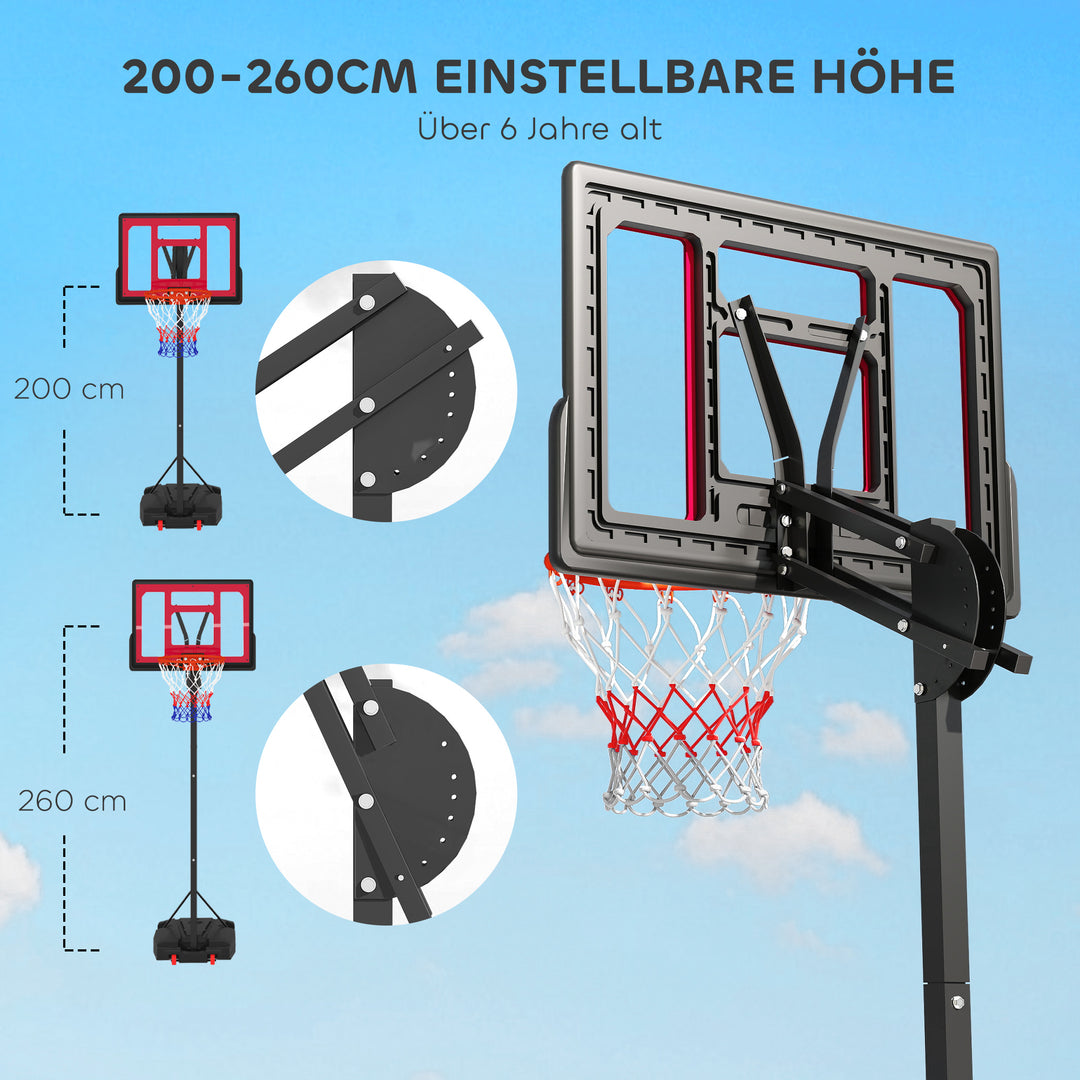 Børne basketballkurv, udendørs basketballkurv til børn, 200-260 cm højdejusterbar, med hjul, alder 6+, rød