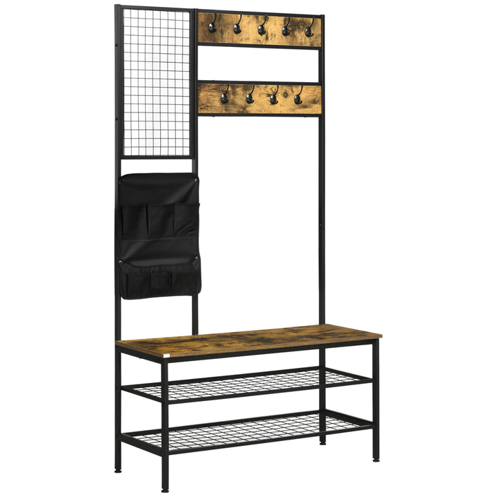 Industriel knagerække med 1 memoplade, 1 skobænk, 8 knagerækker og 1 opbevaringstaske, sort + brun