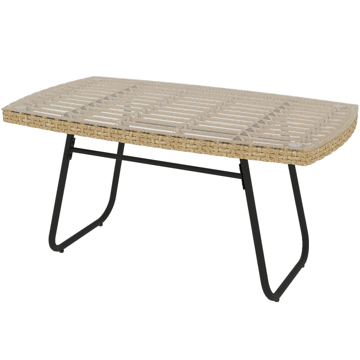 Polyrattan havebord, 90 x 50 x 45 cm, UV-bestandigt sidebord med glasplade, naturtræ