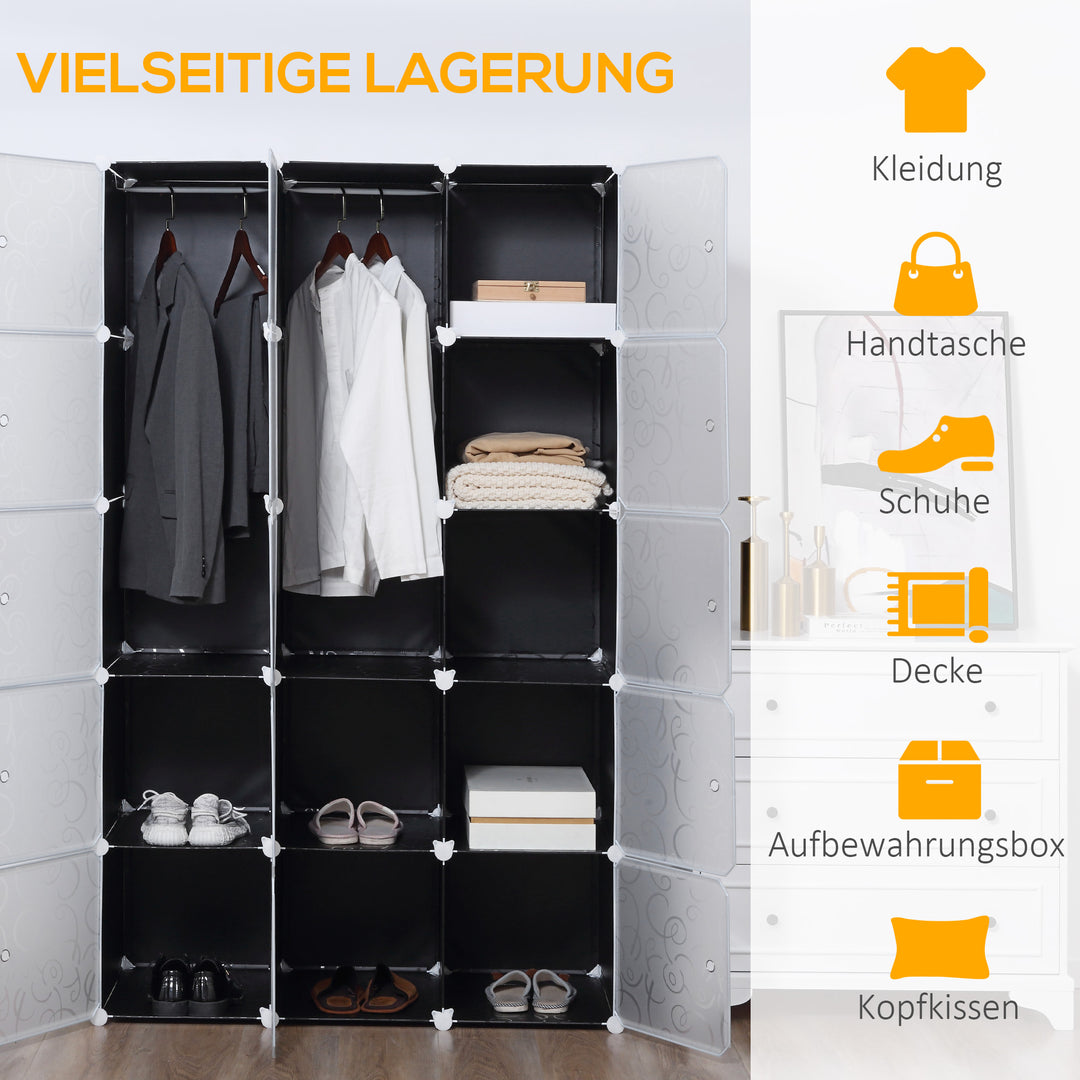 Kubegarderobe, 2 store og 9 små kuber, plastik, metal, 111l x 47b x 183h cm, sort+hvid
