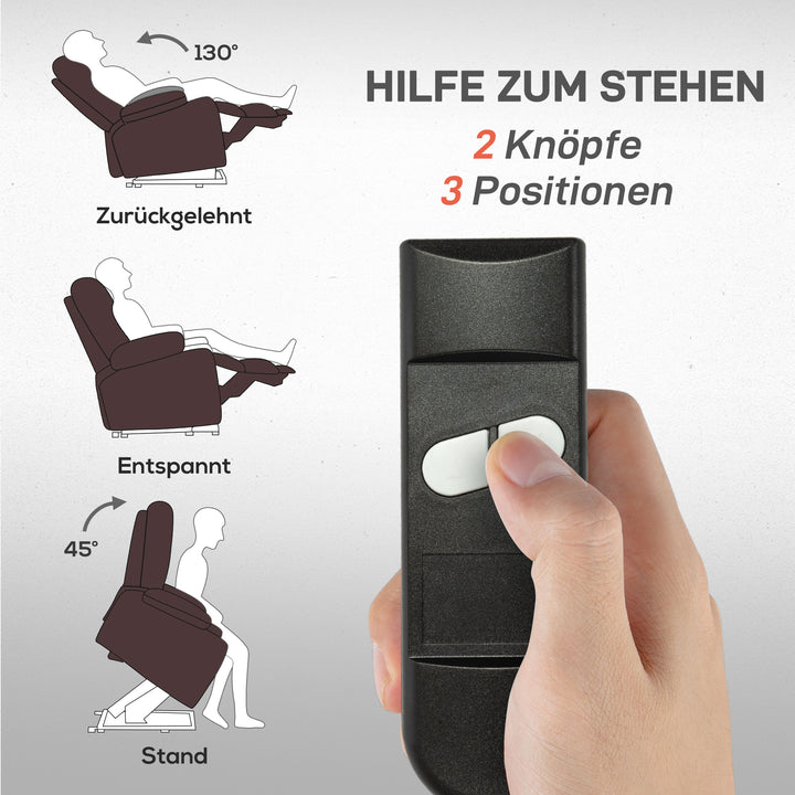 Hævestol, lænestol med stand-up-hjælp, inklusive fjernbetjening, kopholder, justerbar ryglæn, brun
