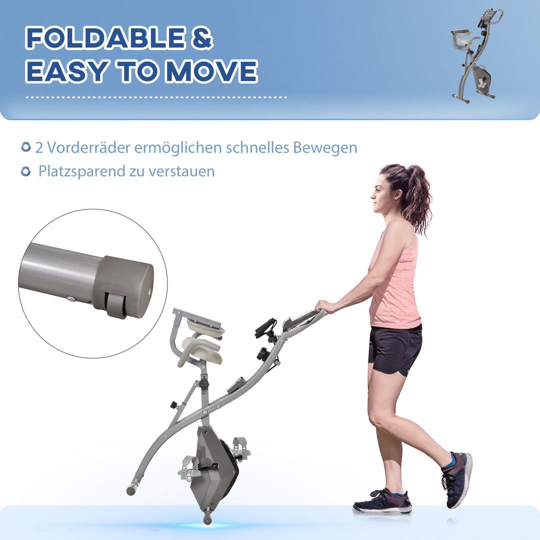 X-bike 2-i-1 motionscykel med lcd-skærm, pulsmåler, foldbar motionscykel med 8 niveauer af magnetisk modstand, 1 par spændereb, stålgrå 105 x 48 x 118 cm