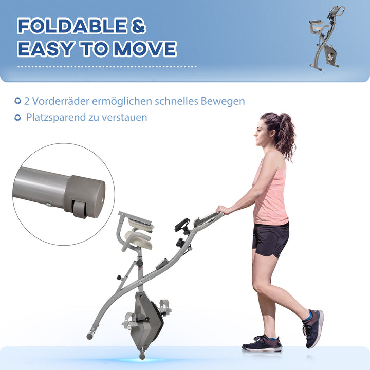 X-bike 2-i-1 motionscykel med lcd-skærm, pulsmåler, foldbar motionscykel med 8 niveauer af magnetisk modstand, 1 par spændereb, stålgrå 105 x 48 x 118 cm
