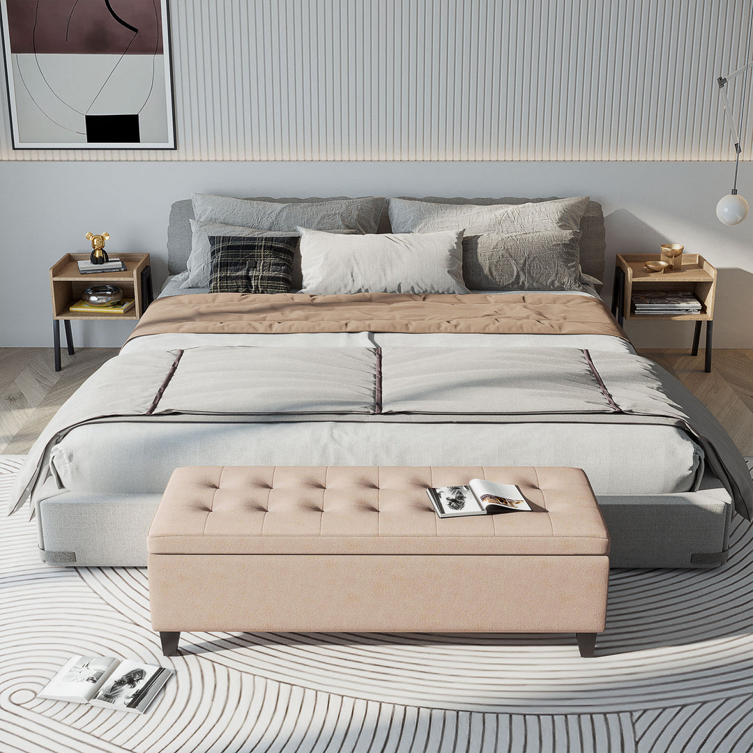 Polstret bænk med opbevaring, knapsyninger, op til 120 kg, 125 x 49 x 41,5 cm, beige