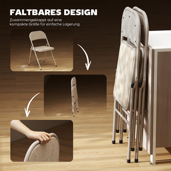 Sæt med 2 klapstole, bærbare kontorstole, metalben, klapstol til kontor, reception, venteværelse, linnedlook, beige