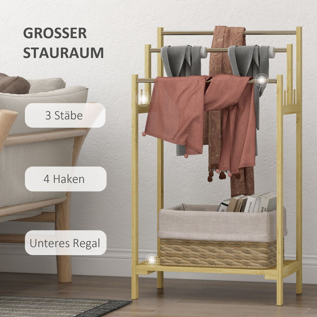 Fritstående håndklædetørrer med 3 stænger, bambus/rustfrit stål, 50,5 x 31 x 90 cm