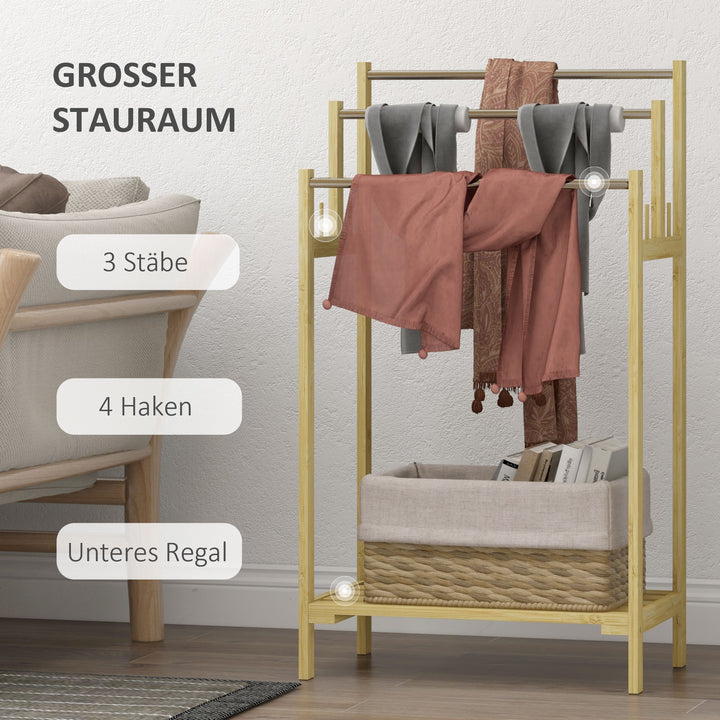 Fritstående håndklædetørrer med 3 stænger, bambus/rustfrit stål, 50,5 x 31 x 90 cm