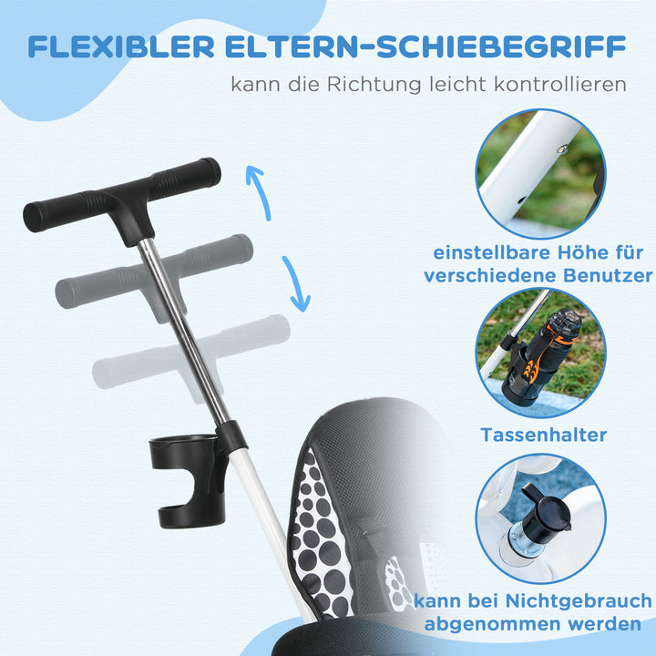 6-I-1 børnetrecykel med skubbehåndtag, kaleche, bælte, opbevaringskurv, til 1-5 år, hvid
