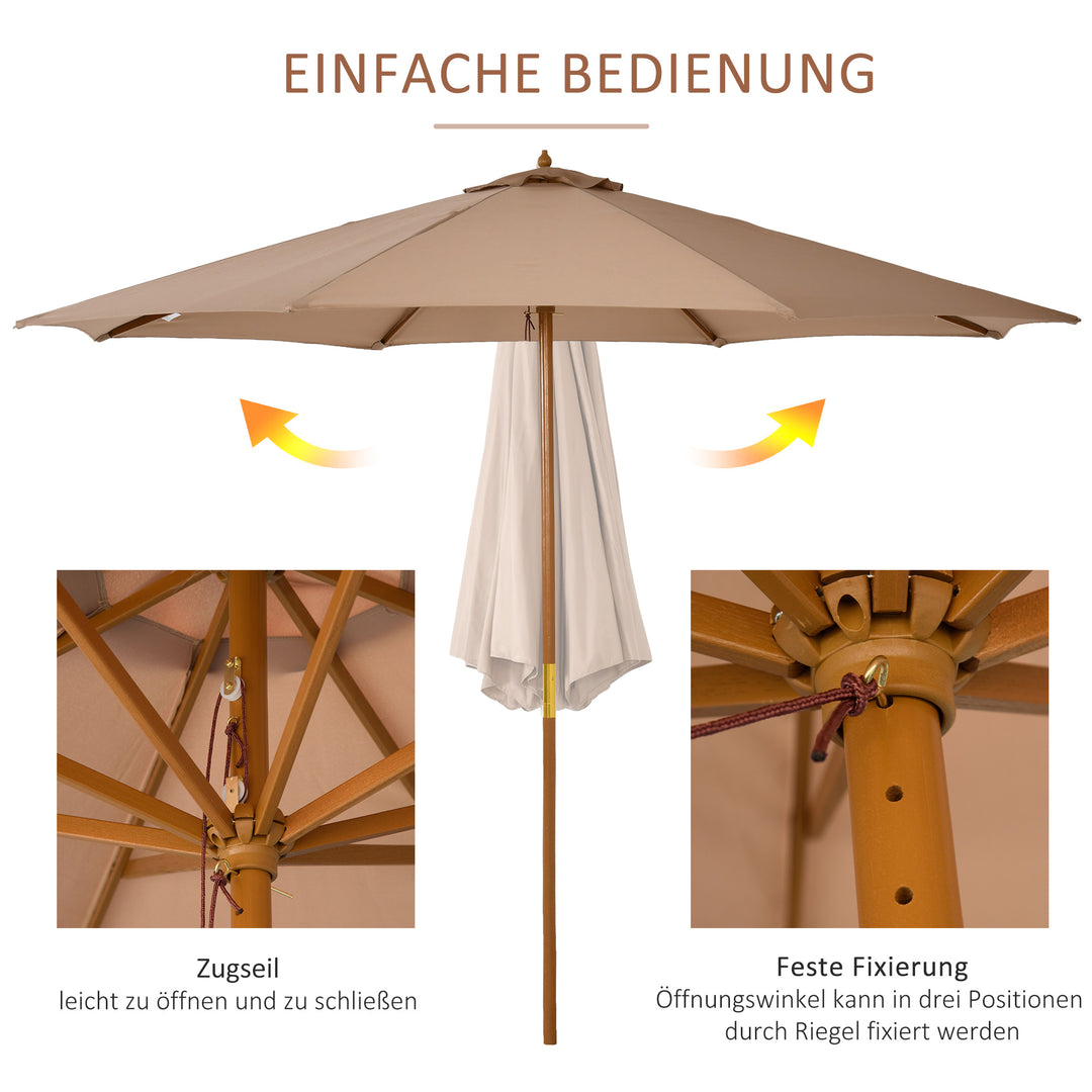 Parasol Ø 300 cm, parasol med UV-beskyttelse, træparasol til balkon, stabil strandparasol, markedsparasol, solbeskyttelse til strand, terrasse, have, khaki