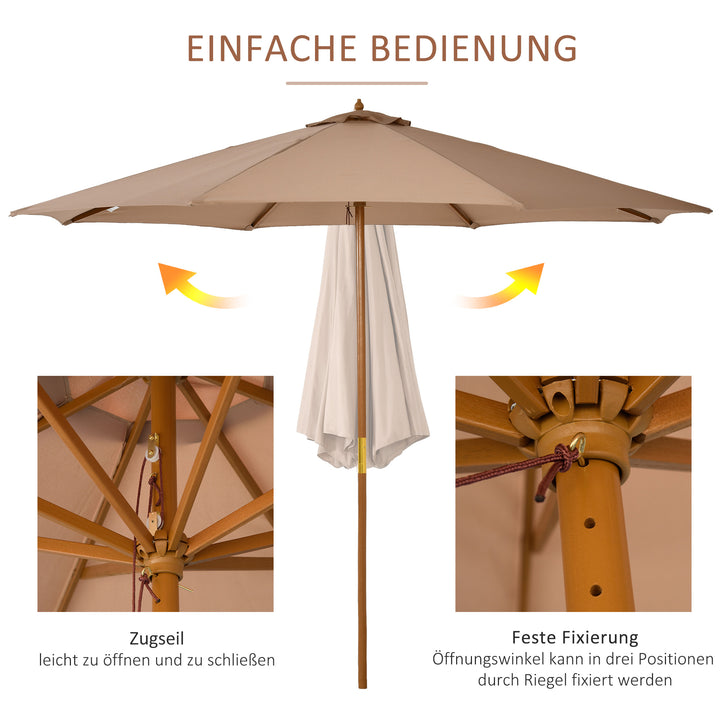 Parasol Ø 300 cm, parasol med UV-beskyttelse, træparasol til balkon, stabil strandparasol, markedsparasol, solbeskyttelse til strand, terrasse, have, khaki
