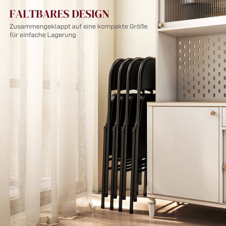 Sæt med 4 klapstole, bærbare kontorstole, metalben, klapstol til kontor, reception, venteværelse, linnedlook, sort