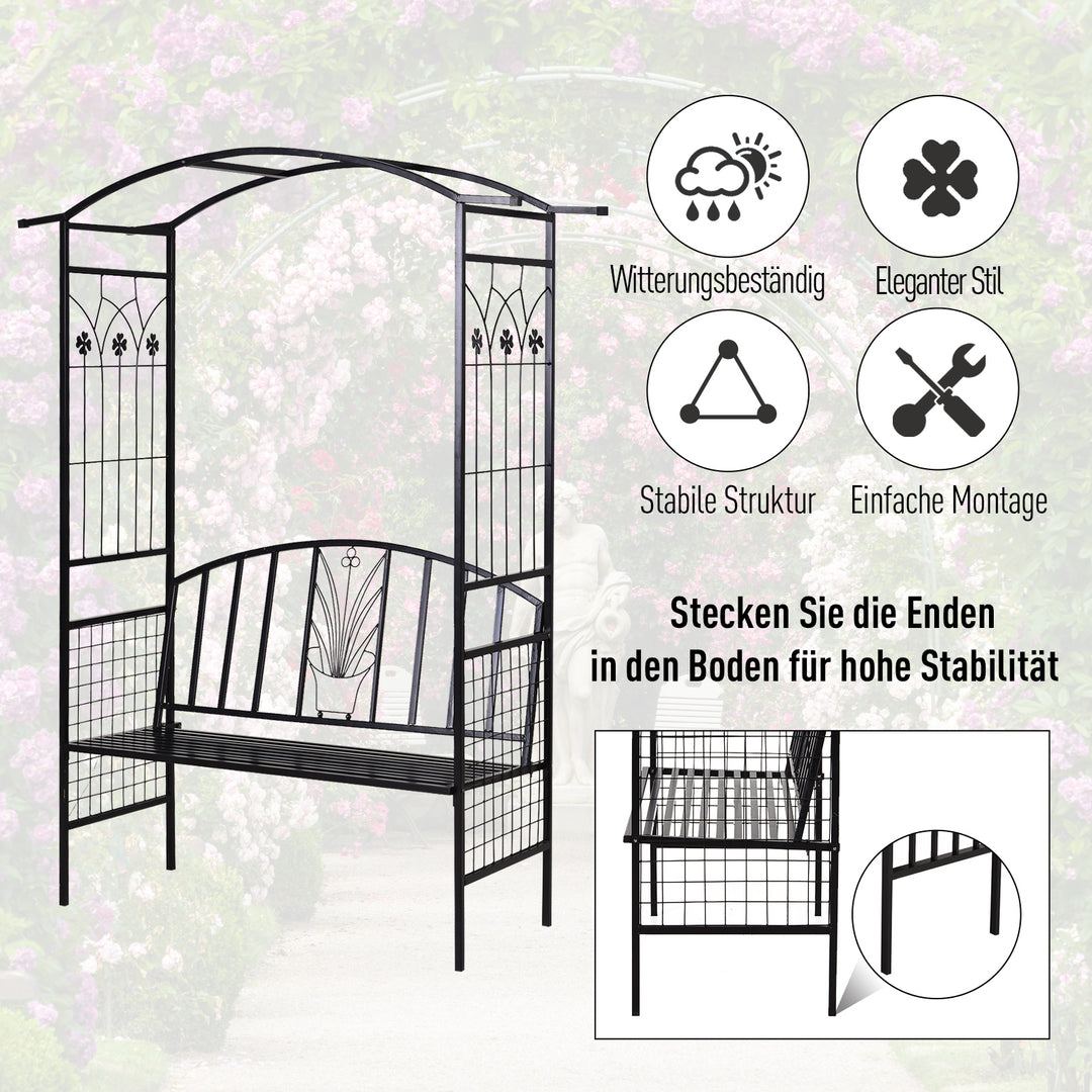Plantebue med bænk, siddebænk, buegang, espalier, klatrehjælp, have, buet tag, metal, sort, 154 x 60 x 205 cm