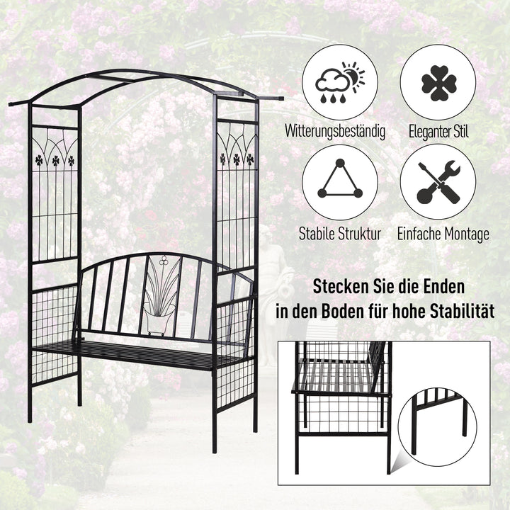 Plantebue med bænk, siddebænk, buegang, espalier, klatrehjælp, have, buet tag, metal, sort, 154 x 60 x 205 cm