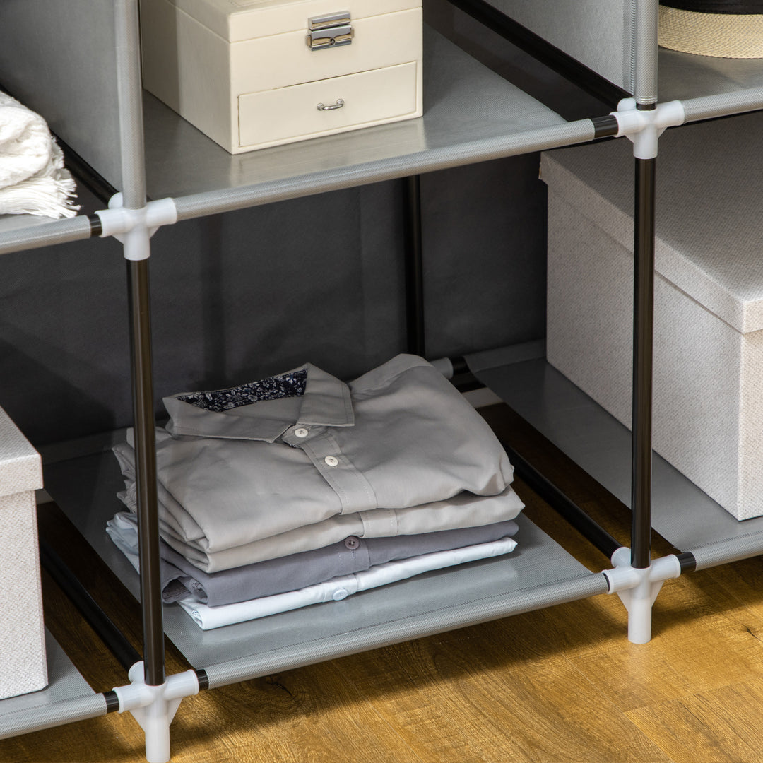 Stofgarderobe, opbevaringsløsning, 8 hylder, 2 garderobestativer, mørkegrå