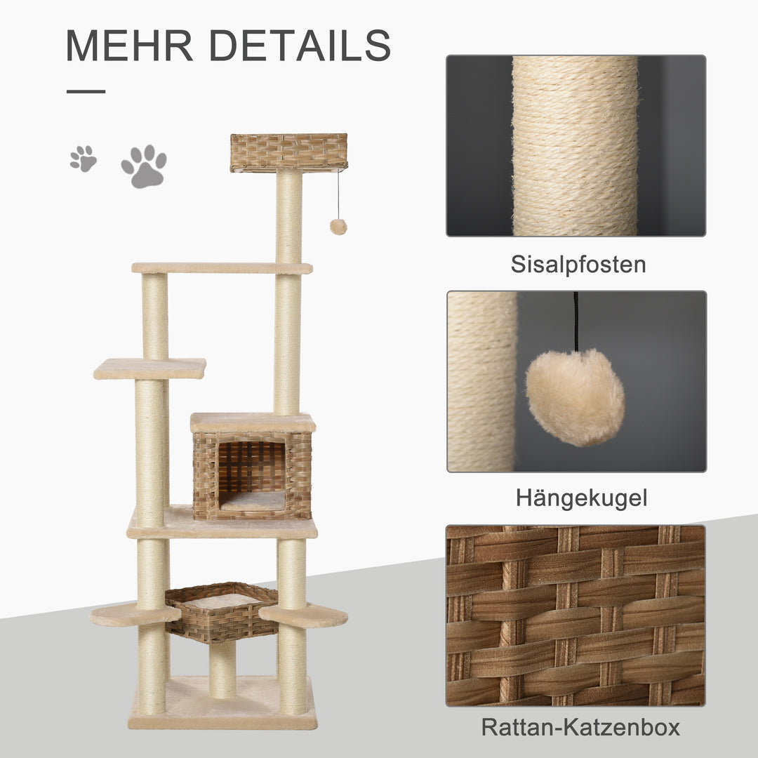 Rattan kradsetræ med kattehule kradsetræ i flere niveauer, klatretræ til katte, e1 mdf sisal, beige+brun, 55 x 55 x 174 cm