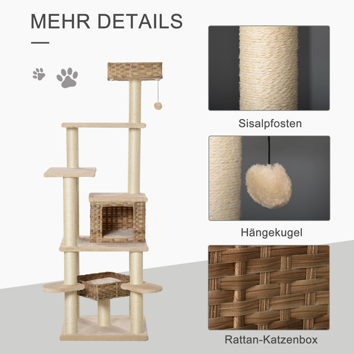 Rattan kradsetræ med kattehule kradsetræ i flere niveauer, klatretræ til katte, e1 mdf sisal, beige+brun, 55 x 55 x 174 cm