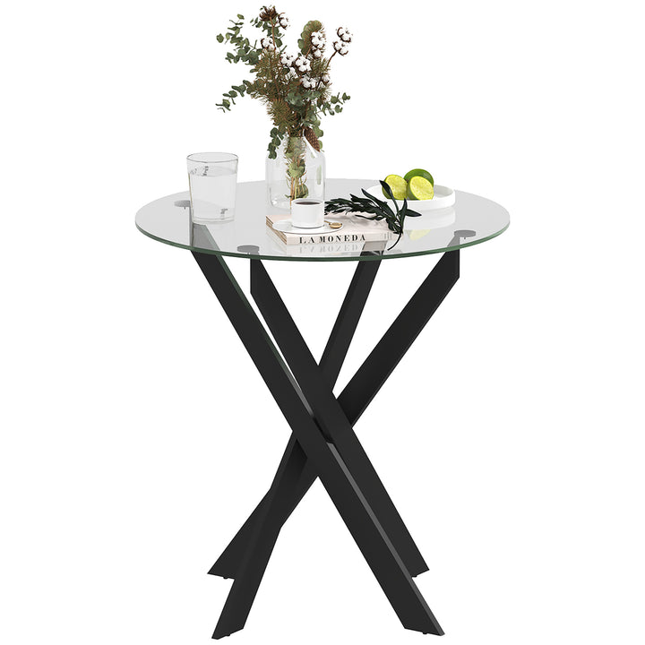 Moderne glas spisebord, 70 cm diameter, køkkenbord med hærdet glasplade og metalben, til 4 personer