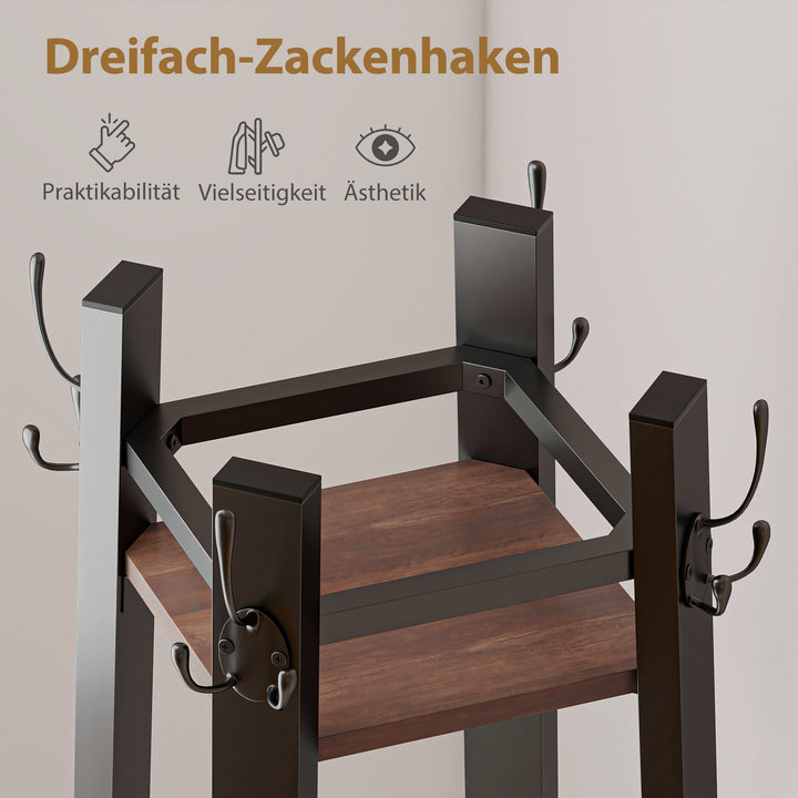 4-etagers fritstående knagerække med 8 kroge og 4 hylder, industriel stil, metal, spånplade, brun