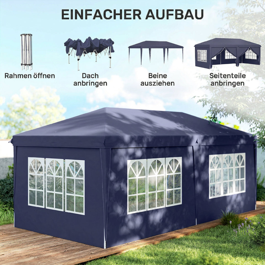 Foldbar pavillon 6 x 3 m, aftagelige sidepaneler, store vinduer, lynlåsdøre, stålramme, blå