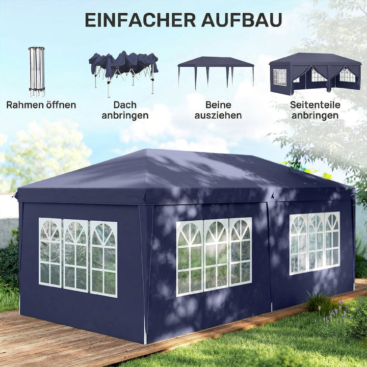 Foldbar pavillon 6 x 3 m, aftagelige sidepaneler, store vinduer, lynlåsdøre, stålramme, blå