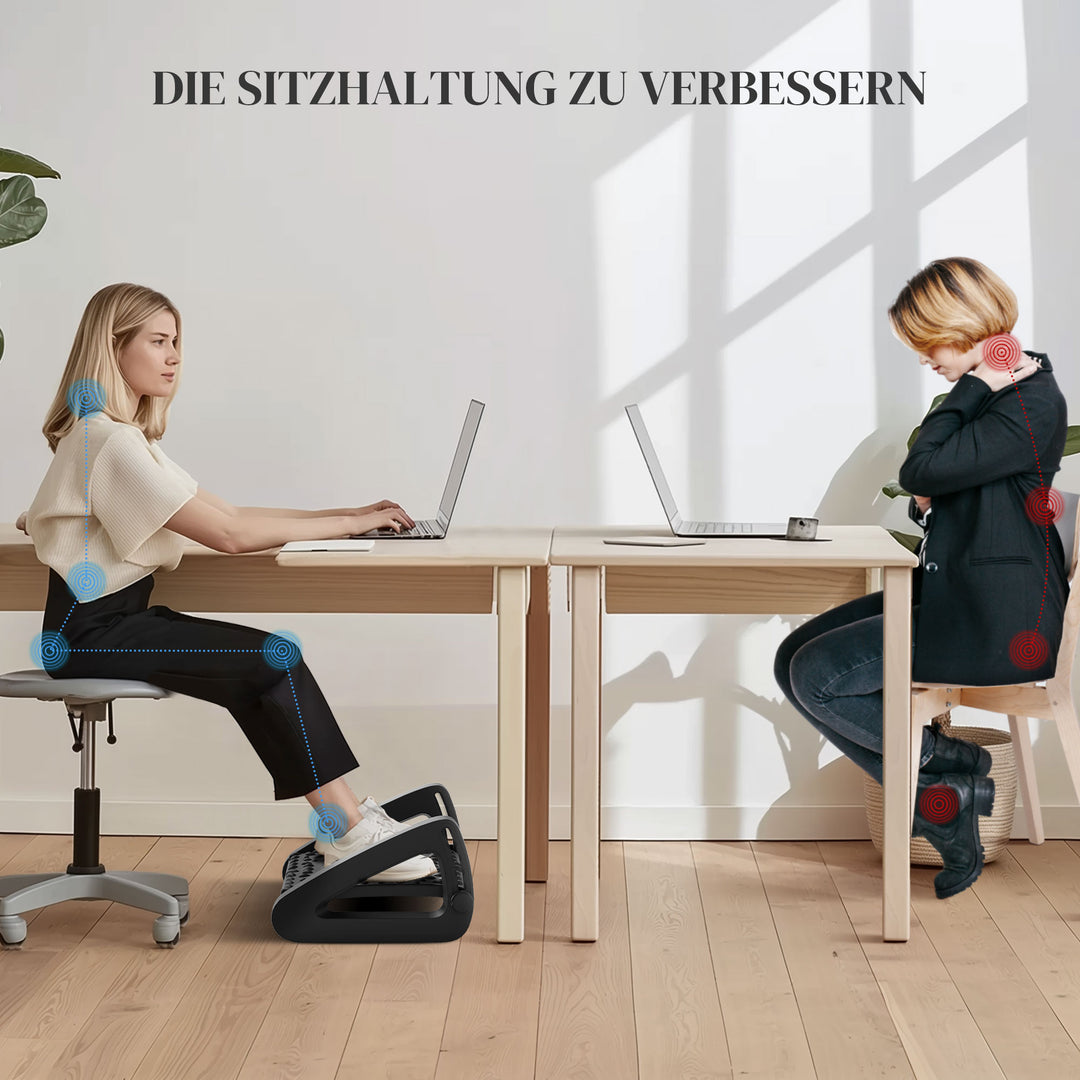 Skrivebordsfodstøtte, højdejusterbar fodskammel med massageoverflade og hjul, plastik, sort