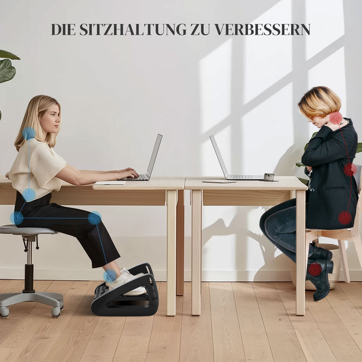 Skrivebordsfodstøtte, højdejusterbar fodskammel med massageoverflade og hjul, plastik, sort