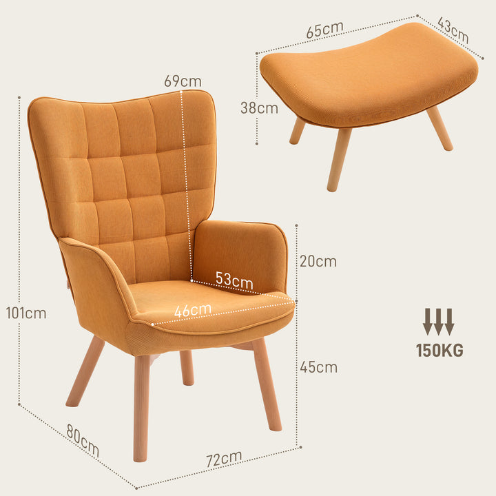 Accentstol med skammel, corduroy-lænestol, lænestol med træben, til stue, brun