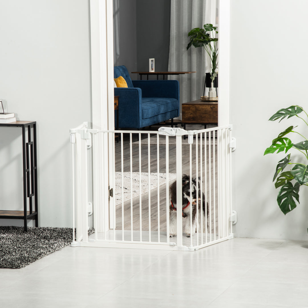 Hundebarrierer sikkerhedslåge kæledyrssikkerhedslåge justerbar foldbar pejsrist med automatisk lukning 3 paneler til komfur vægmonteret/fritstående hvid 202,5 x 76 cm