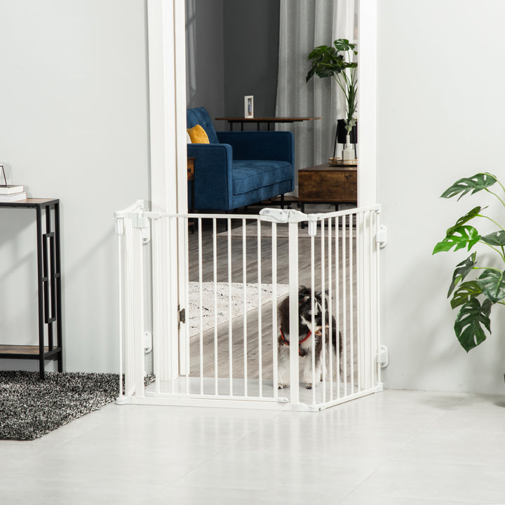 Hundebarrierer sikkerhedslåge kæledyrssikkerhedslåge justerbar foldbar pejsrist med automatisk lukning 3 paneler til komfur vægmonteret/fritstående hvid 202,5 x 76 cm