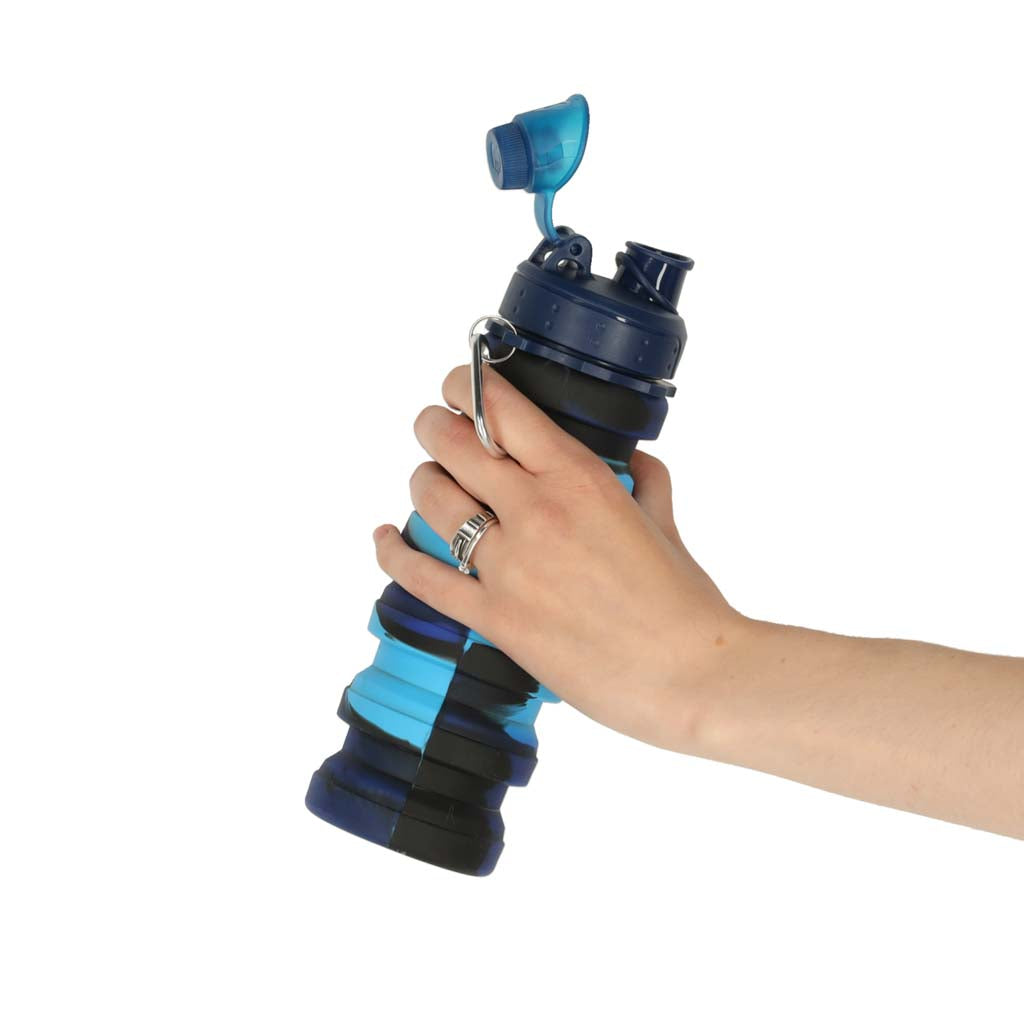 Vandflaske bidon silikone foldbar flaske med håndtag sports 500ml blå
