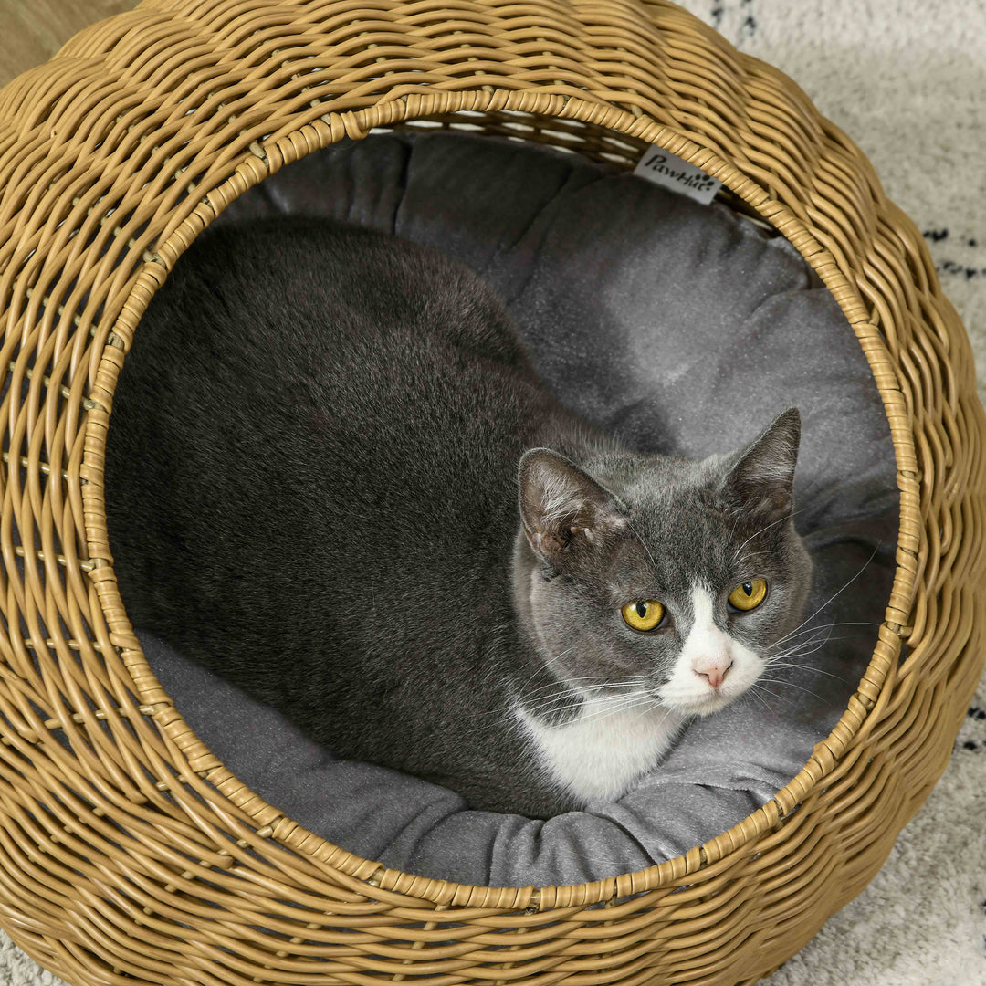 Kattehule med vaskbar hynde, til dyr op til 4 kg, indendørs brug, kunstrotting, Ø50 x 31 cm, lysebrun
