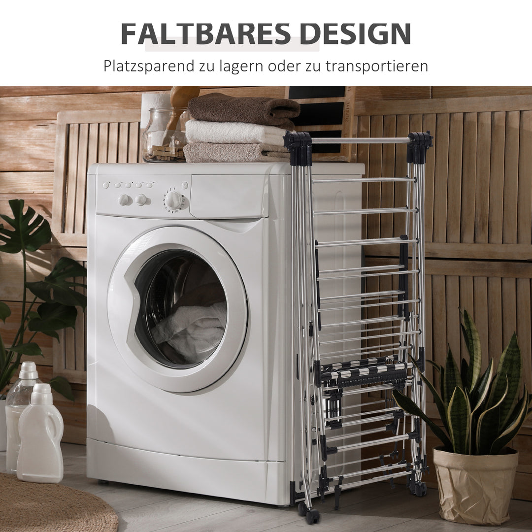 Tørretørrer 1,385 m tørrelængde bærbar stående tørretumbler med teleskopstænger, hjul og bremser tørretumblervinge til indendørs og udendørs brug, sølv + sort