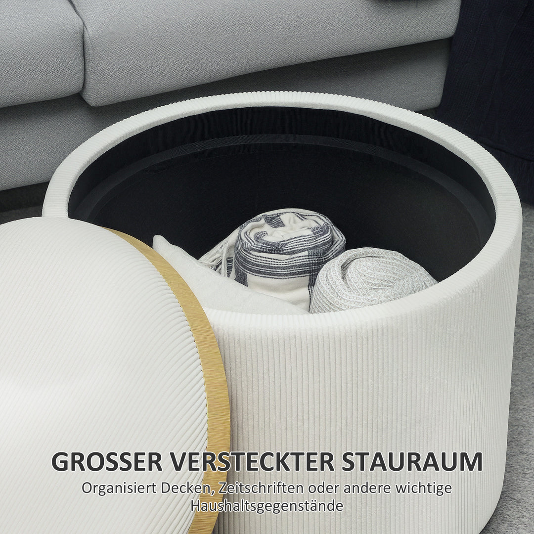 Opbevaringsskammel med opbevaringsplads, rund, fodstøtte, fløjlsbukser, mdf, cremehvid