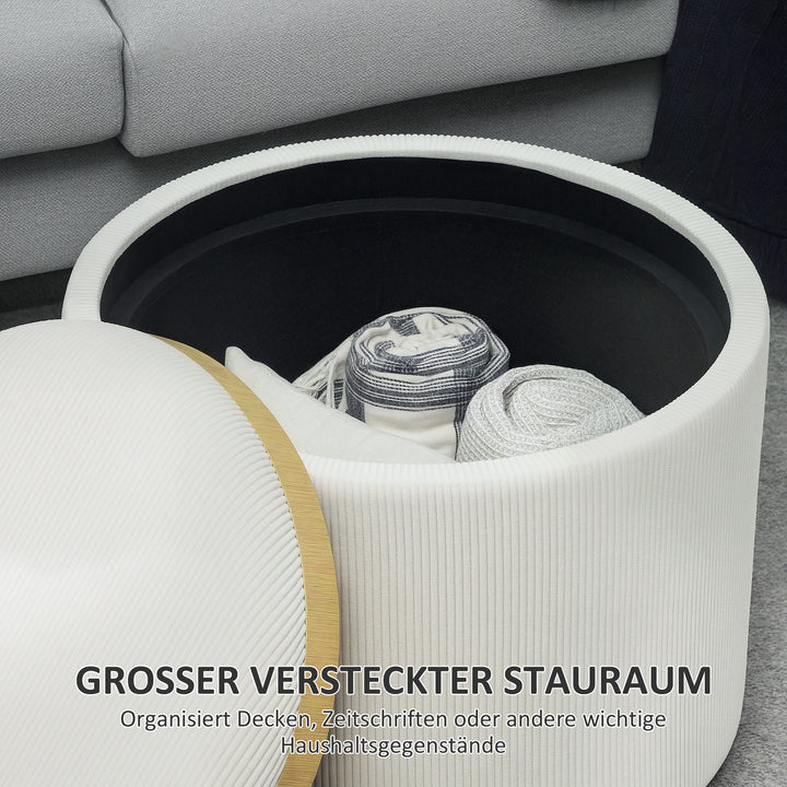 Opbevaringsskammel med opbevaringsplads, rund, fodstøtte, fløjlsbukser, mdf, cremehvid