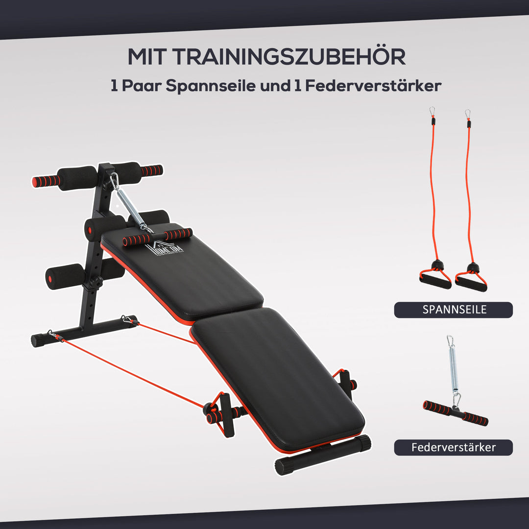 Sit-up bænk, mavetræner med træningsreb, multifunktionel træningsbænk, justerbar og foldbar, 110 kg lasteevne, stål, sort og rød, 137 x 51 x 50-66 cm