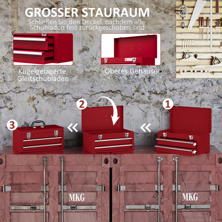 Værktøjskasse med 2 skuffer, opbevaringsrum i toppen, stållåse, bærehåndtag, 46 x 24 x 22 cm, rød