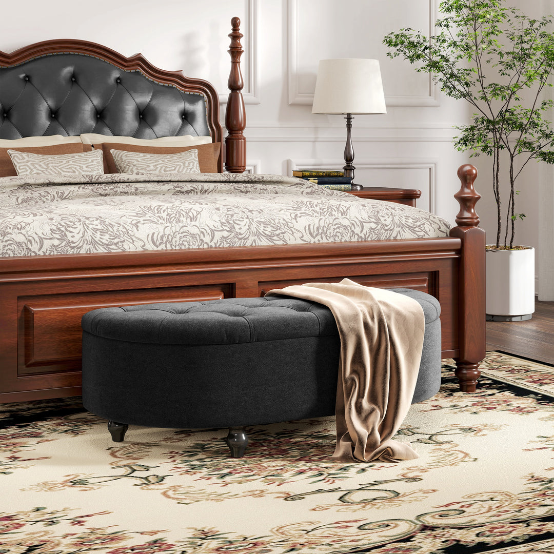 Skammel med opbevaringsplads, polstret sædekommode, soft-close låg, fløjlslook, 120 x 46 x 42 cm, mørkegrå