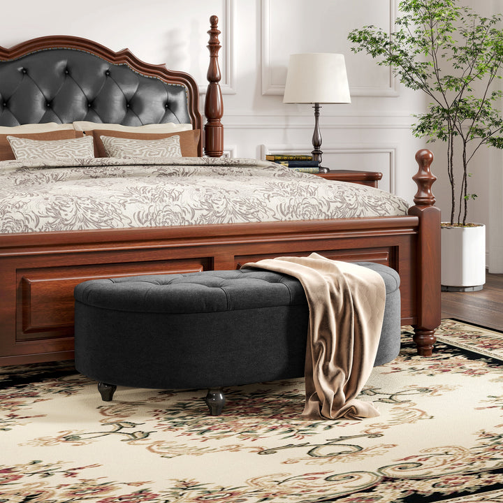 Skammel med opbevaringsplads, polstret sædekommode, soft-close låg, fløjlslook, 120 x 46 x 42 cm, mørkegrå