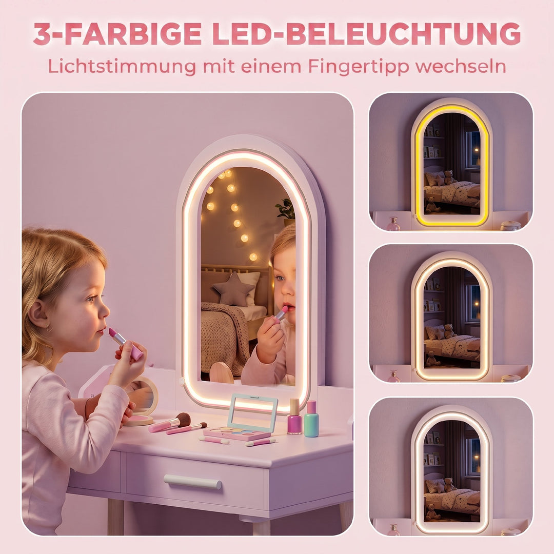 Børne 2-i-1 sminkebordssæt med LED-spejl til piger, pink