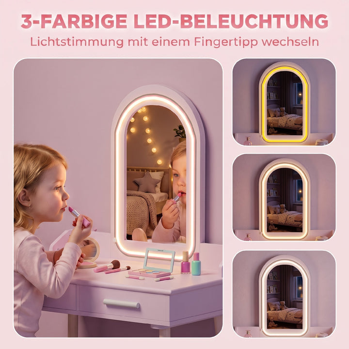 Børne 2-i-1 sminkebordssæt med LED-spejl til piger, pink