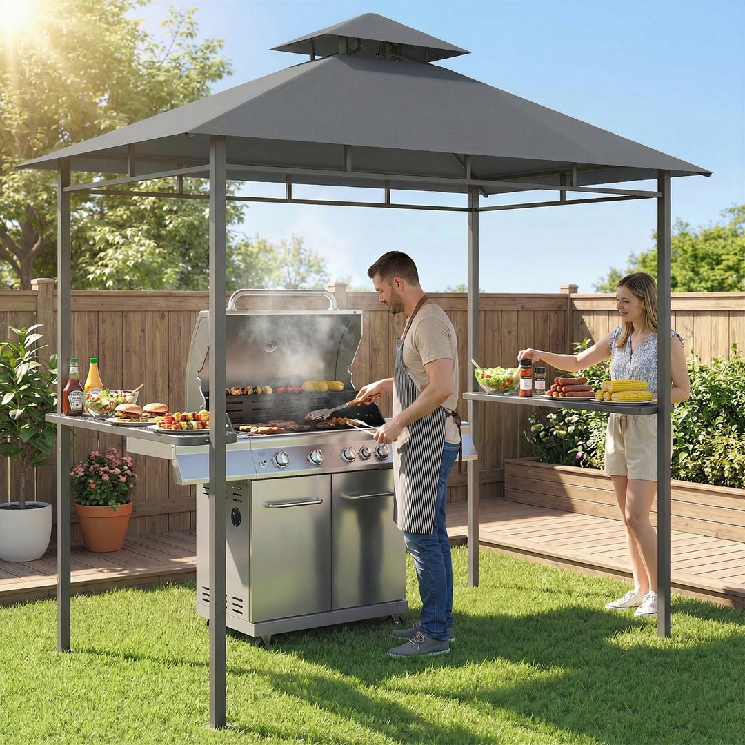 Grillpavillon 2,4 x 1,4 m, vindtæt grillly med dobbelttag, ventilationsåbning, sidehylder