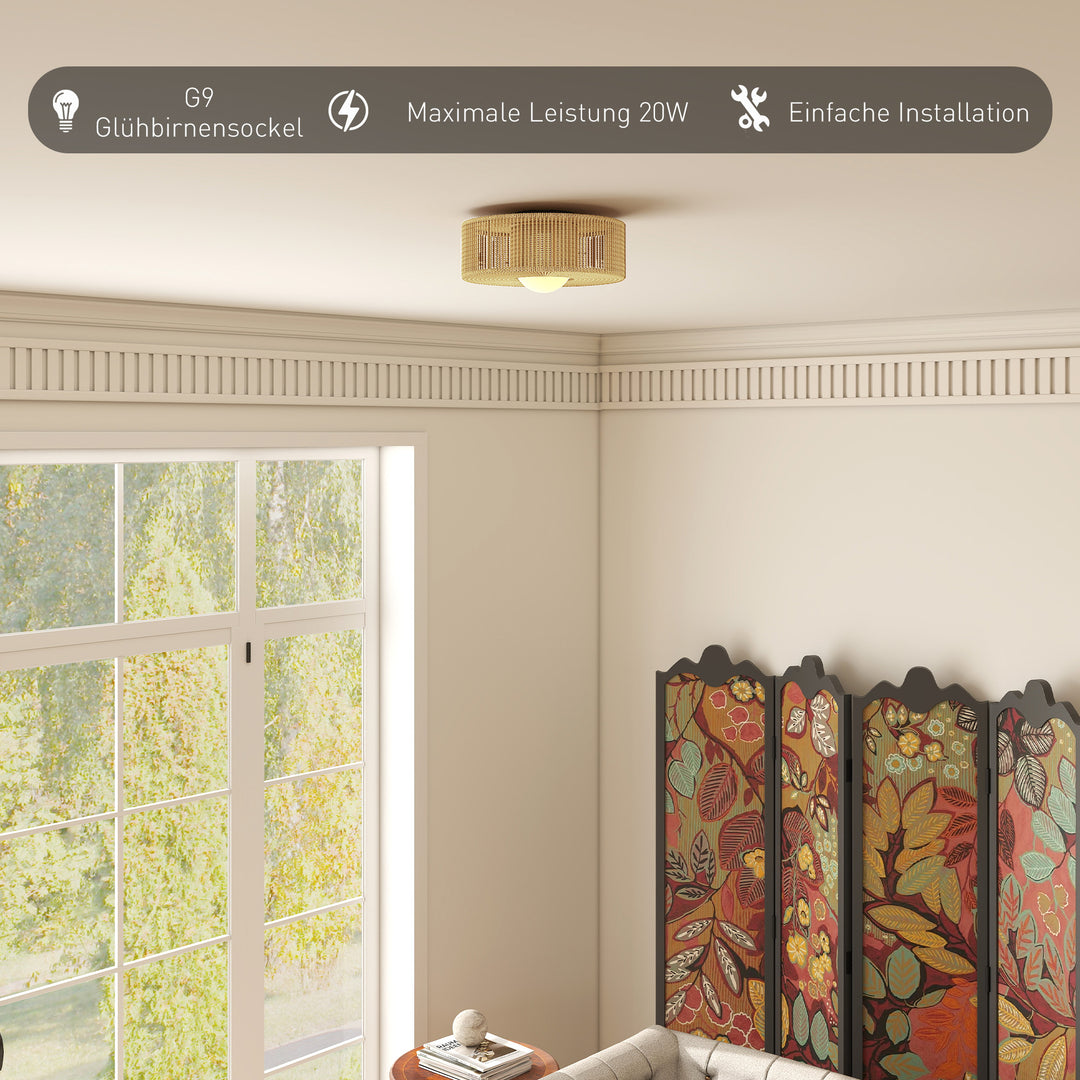 Loftlampe, Boho loftlampe, ophængt med G9 LED-fatning, rund lampeskærm af hampreb