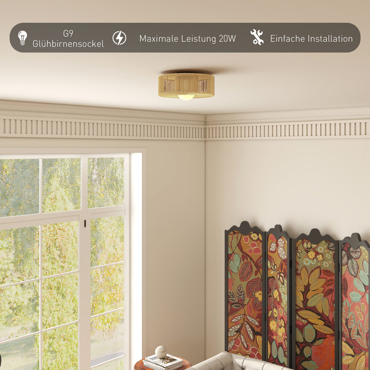 Loftlampe, Boho loftlampe, ophængt med G9 LED-fatning, rund lampeskærm af hampreb