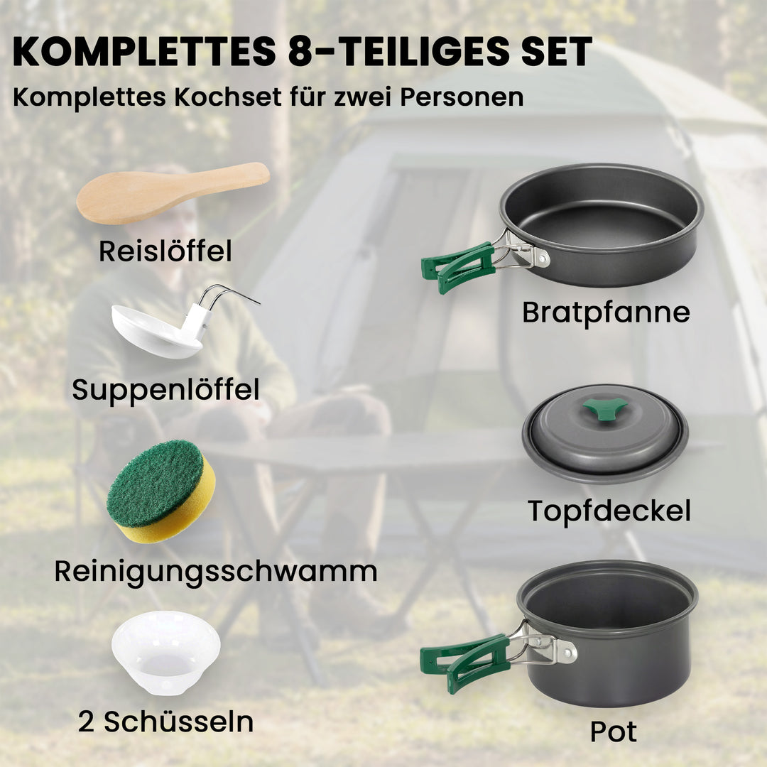 Campingkøkkensæt med skoldningssikre håndtag, 8 dele, grå