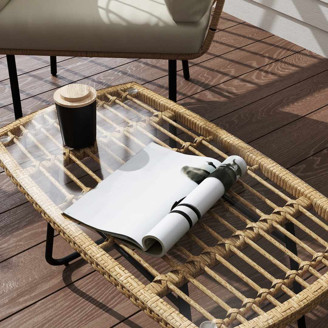 Polyrattan havebord, 90 x 50 x 45 cm, UV-bestandigt sidebord med glasplade, naturtræ