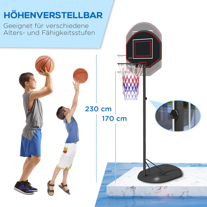 Basketballstativ, højdejusterbar, robust, 1,7-2,3 m kurvhøjde, stålramme, sort