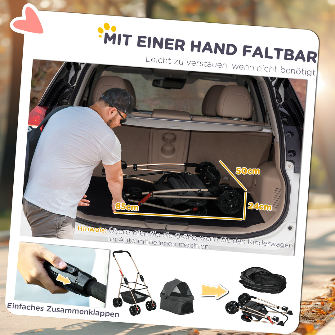3-I-1 kæledyrsklapvogn, sammenklappelig hundevogn med 4 hjul og aftagelig transportør til hunde og katte, grå